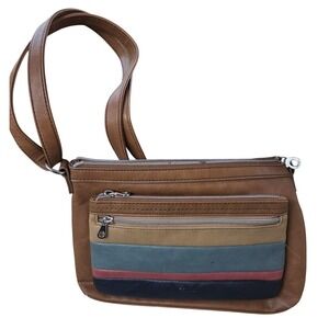 VTG Relic Crossbody Bag Womens Small Brown Striped Vegan Leather Multi Pocket